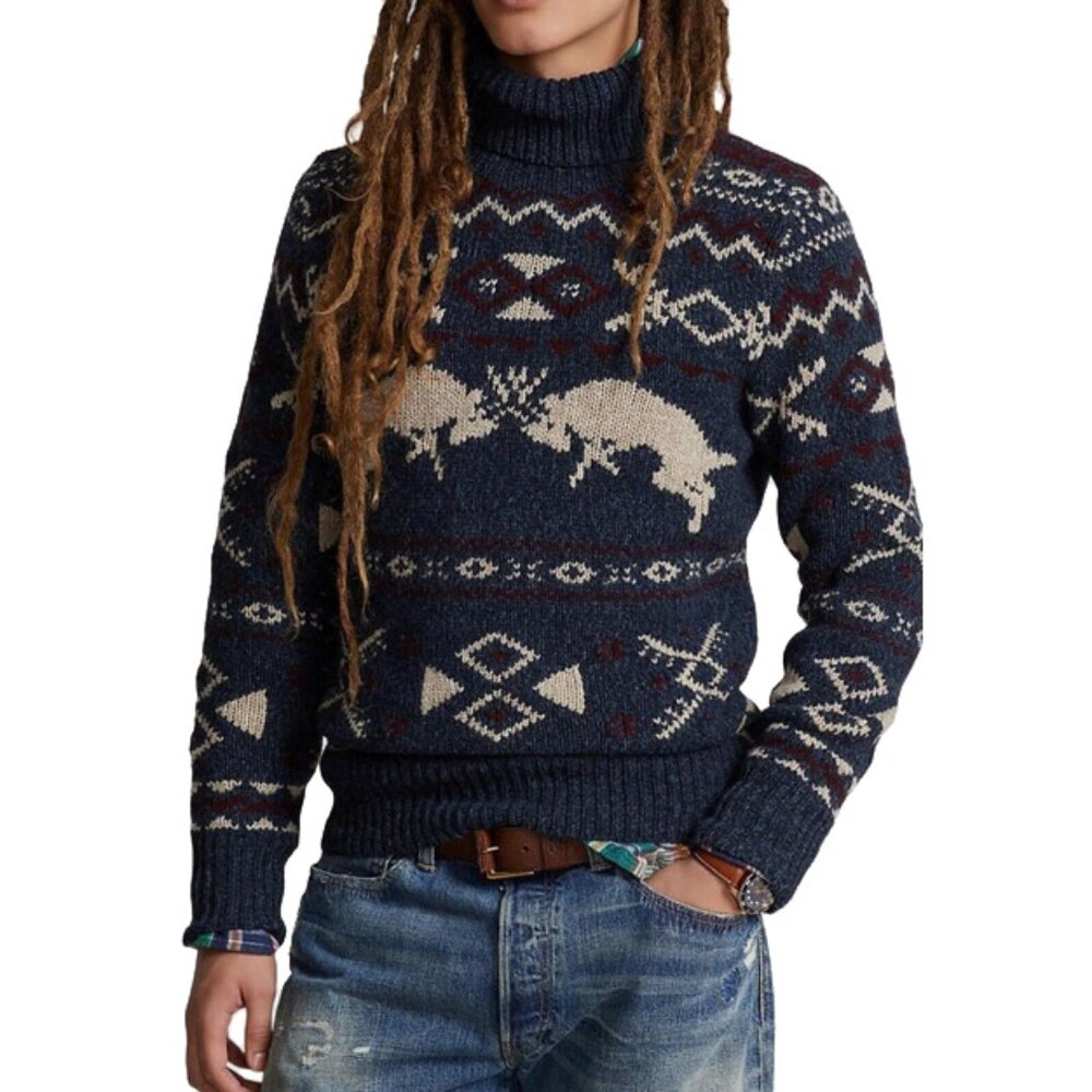 NEW $498 Polo Ralph Lauren Fair Isle Sweater! XL Blue Reindeer Deer Design SLIM